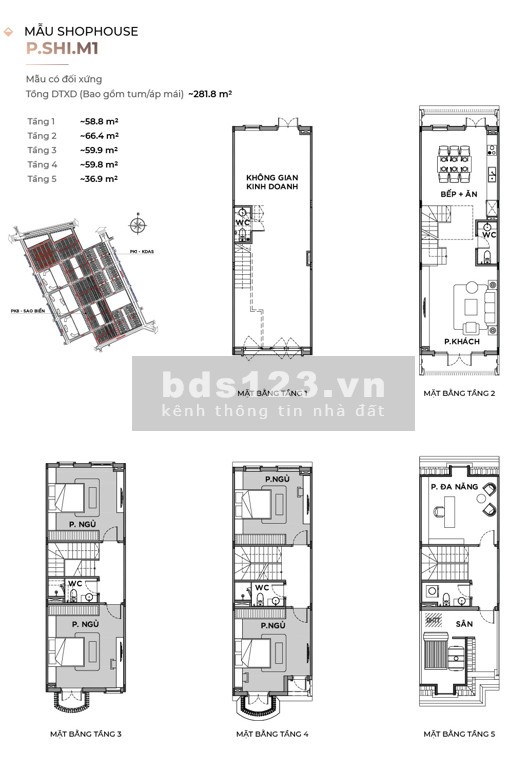 Giảm 19% #Shophouse SAO BIỂN – THE EMPIRE 97,5m2, DTXD 281m2, 5 Tầng, MT 6.5m