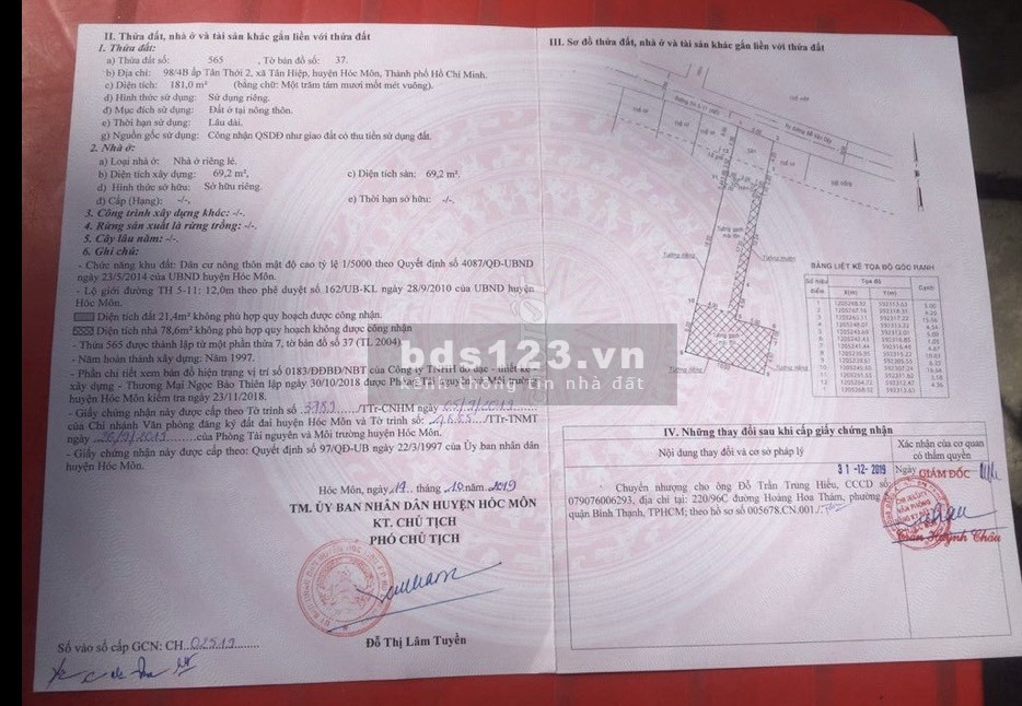 Bán nhà cấp 4 DT 181m2 hẻm 6m Ấp Tân Thới 2 Xã Tân Hiệp HM
