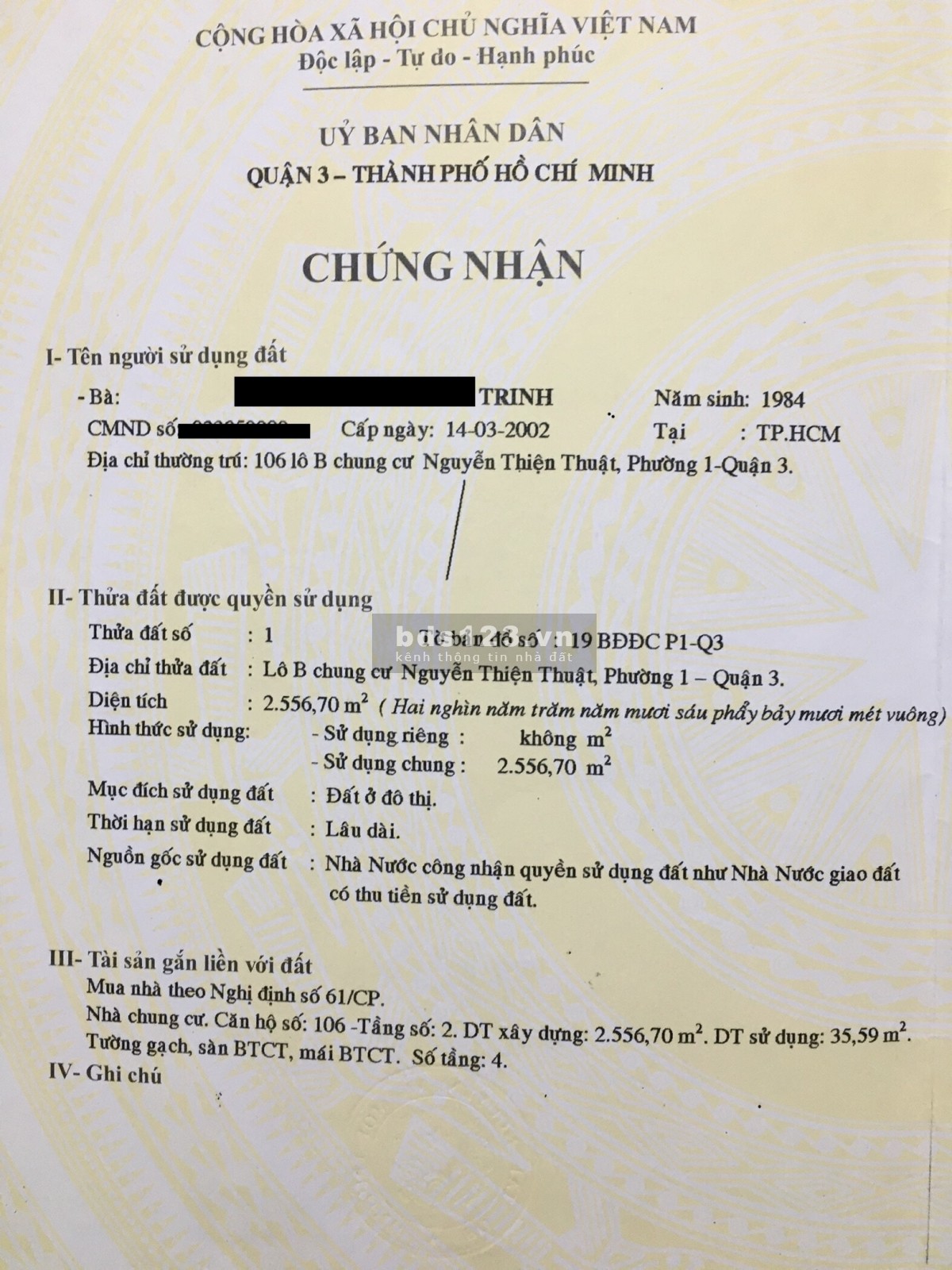 Chính chủ cần bán căn hộ thuộc lô, thuộc cụm chung cư Nguyễn Thiện Thuật, quận 3