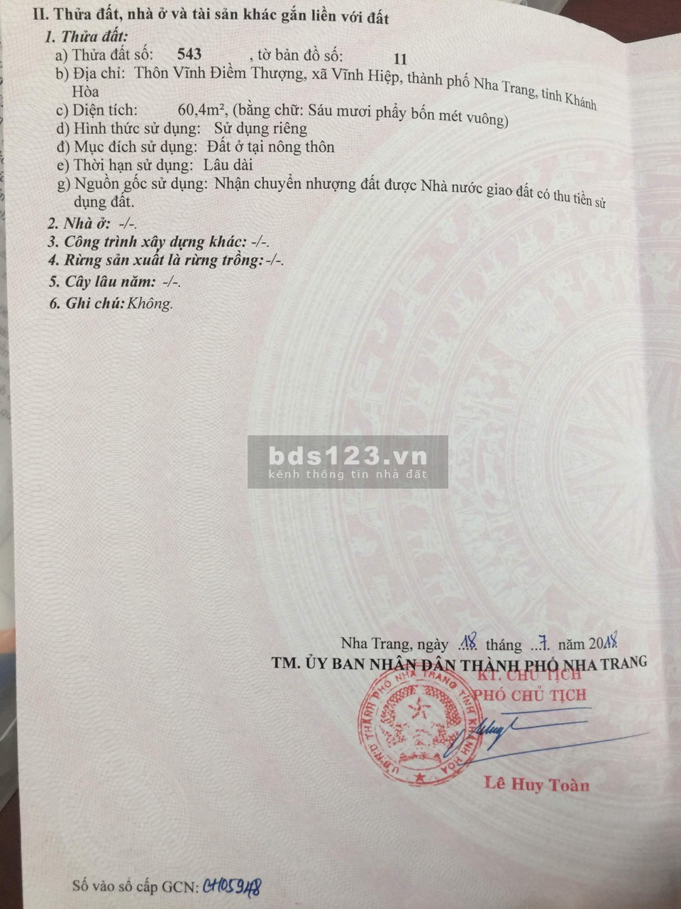 Cần bán gấp lô đất xã Vĩnh Hiệp- Nha Trang giá rẻ full thổ cư