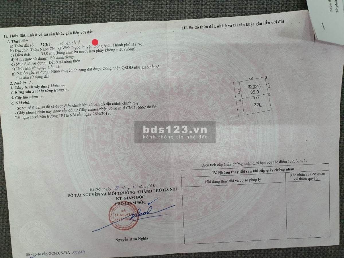 Bán 35m2 đất, hơn tỷ rưỡi, ô tô đỗ cửa, thôn Ngọc Chi, Vĩnh Ngọc, ĐA, HN