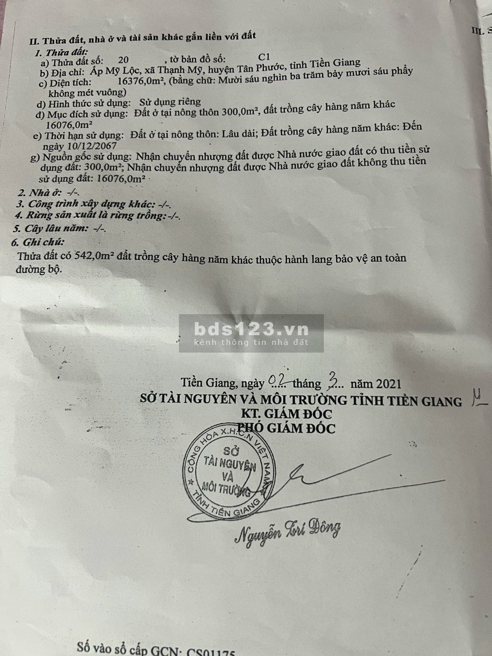 Lô đất 16 công mặt tiền DH40, Thạnh Mỹ, Tân Phước TG lh 0976185907