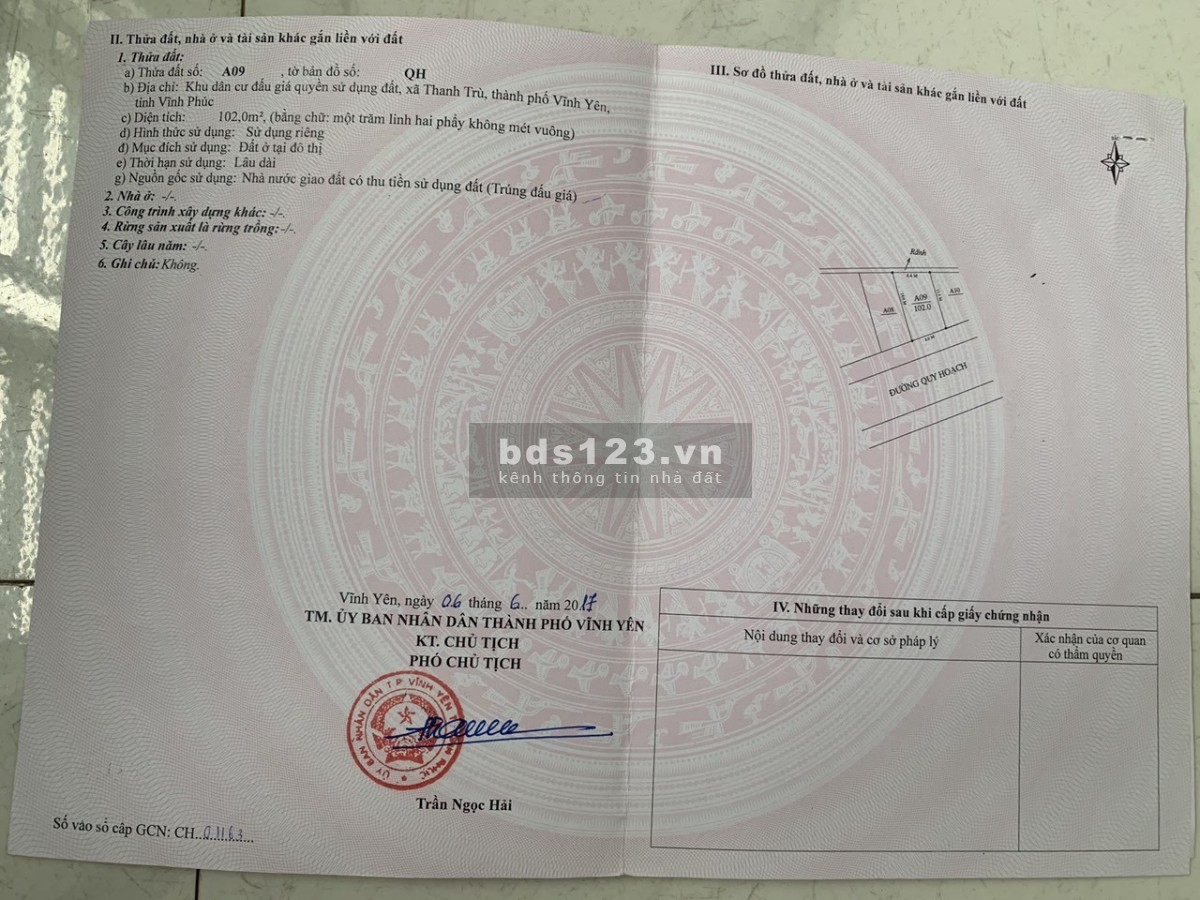 Chính chủ cần bán Khu đất đấu giá Thanh trù, Vĩnh yên DT 102m2 , giá bất ngờ chỉ 2,55 tỷ