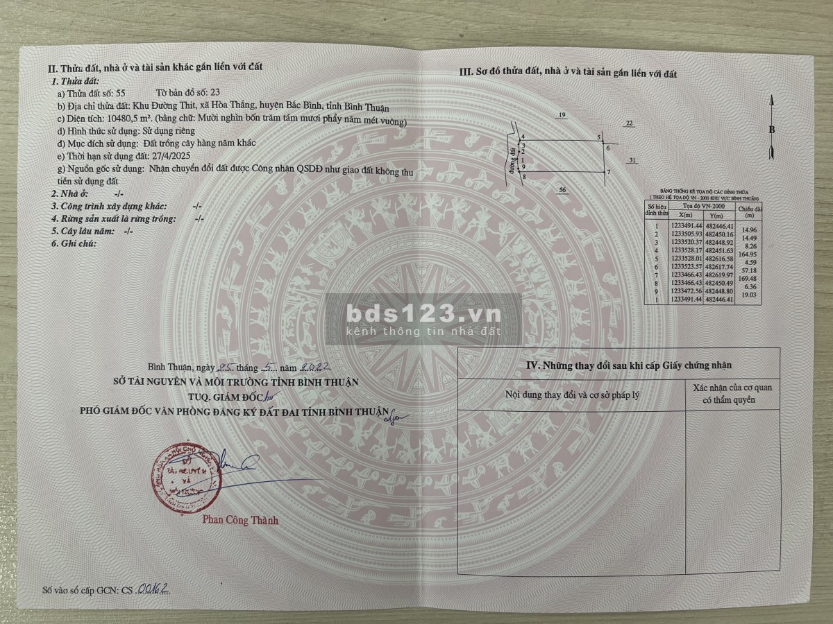 Bán lô đất vườn 10.480 m2, sổ đỏ, Hoà Thắng, Bắc Bình, Bình Thuận, giá 210.000đ/m2