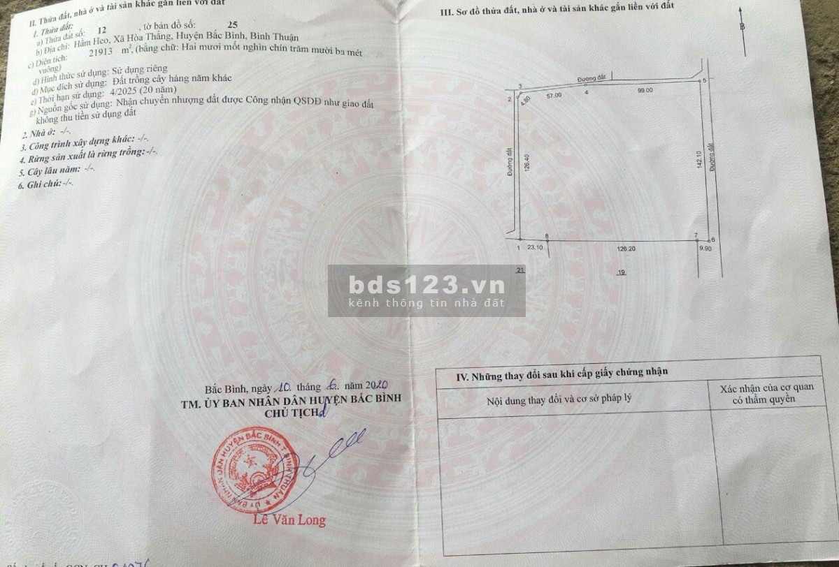 Bán đất trồng cây 21913m2, sổ đỏ, 3 mặt tiền, Hoà Thắng, Bắc Bình, Bình Thuận