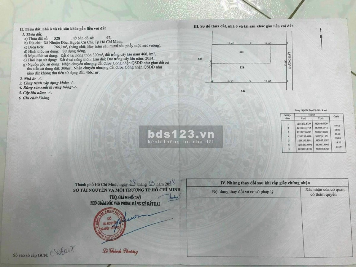Đất Nhuận Đức huyện Củ Chi TP HCM dtsd 20 x 38 = 766m ( 300m thổ cư )