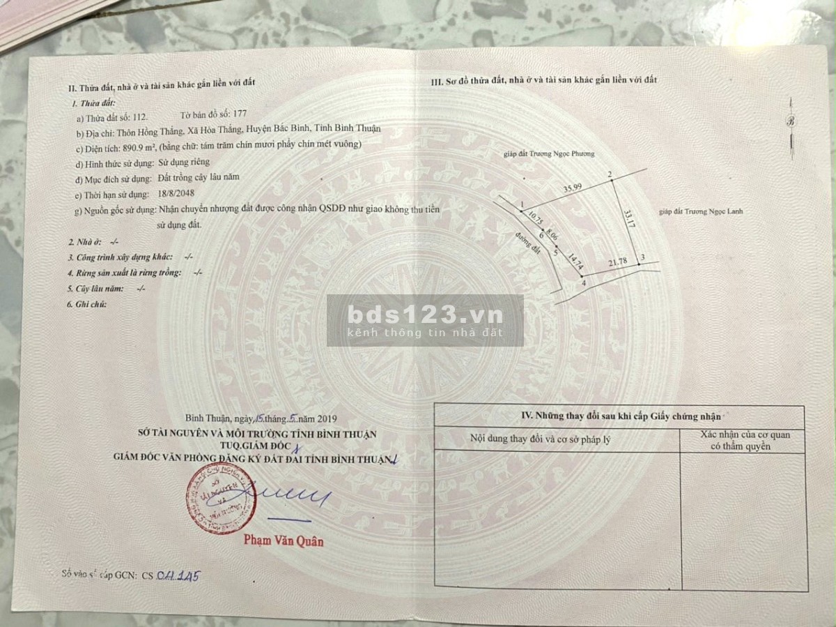 Bán đất vườn,cách biển Hoà Thắng,BThuận 800m,sổ đỏ,890m2,giá 1,85 tỷ