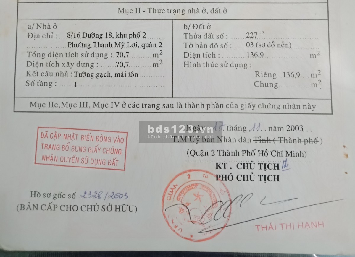 Chính chủ bán Đất phường Thạnh Mỹ Lợi, Quận 2 giá tốt