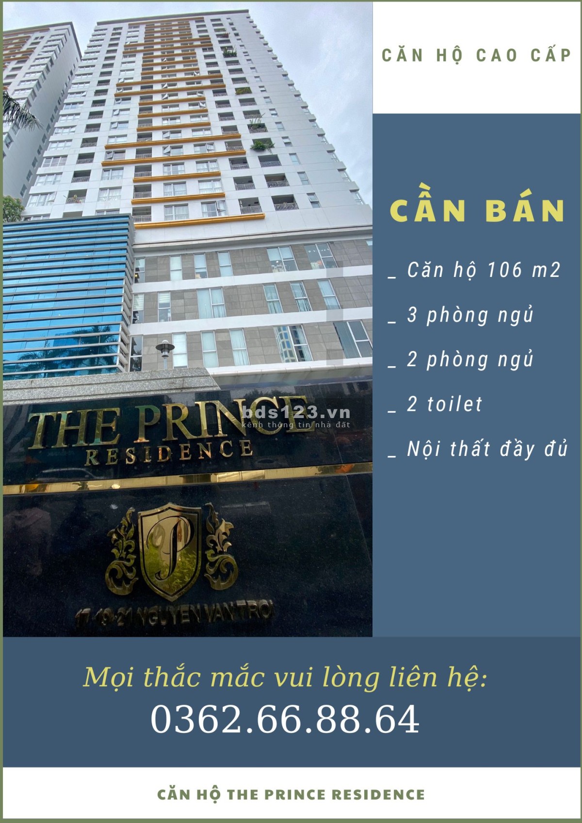 Bán căn hộ 3pn, full nội thất chung cư The Princece giá 8.19 tỷ lh 0362668864