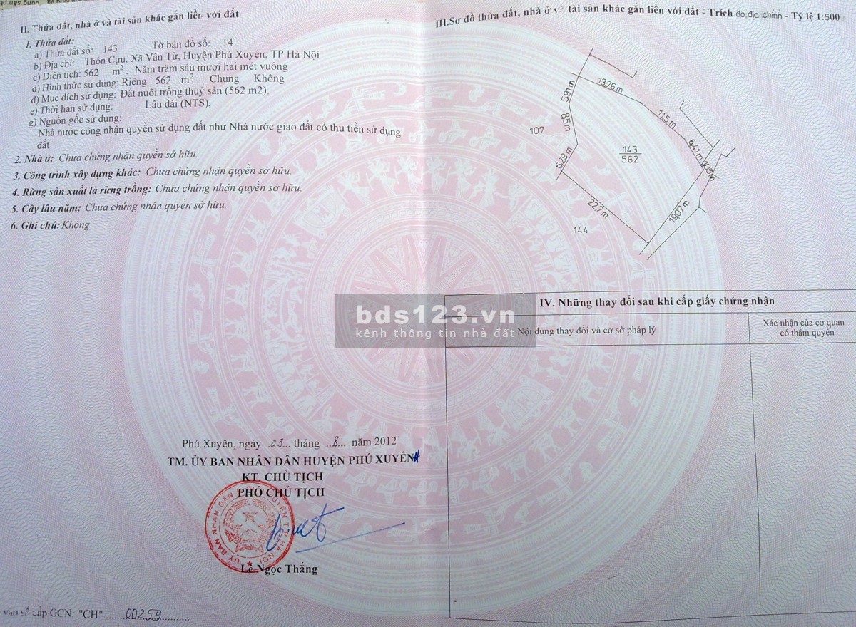 Chính chủ bán đất ao ở thôn Cựu Vân Từ Phú Xuyên Hà Nội
