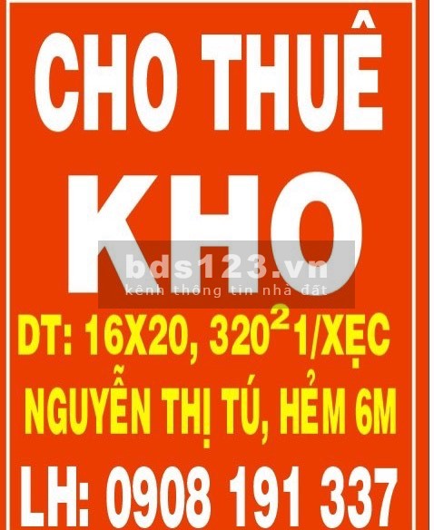 Cho thuê kho xưởng hẻm 6m Nguyễn Thị Tú Bình Tân, TDT 320m².