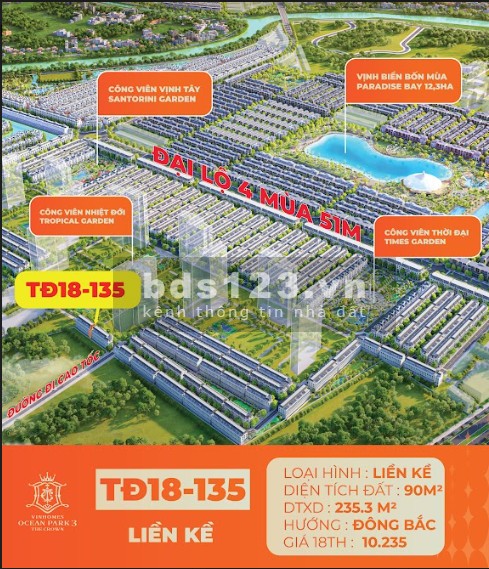 Bán BTLK xẻ khe 90m giá rẻ khu Thời Đại 2 mặt thoáng The Crown Vinhomes Ocean Park 3 giá 100tr/m2