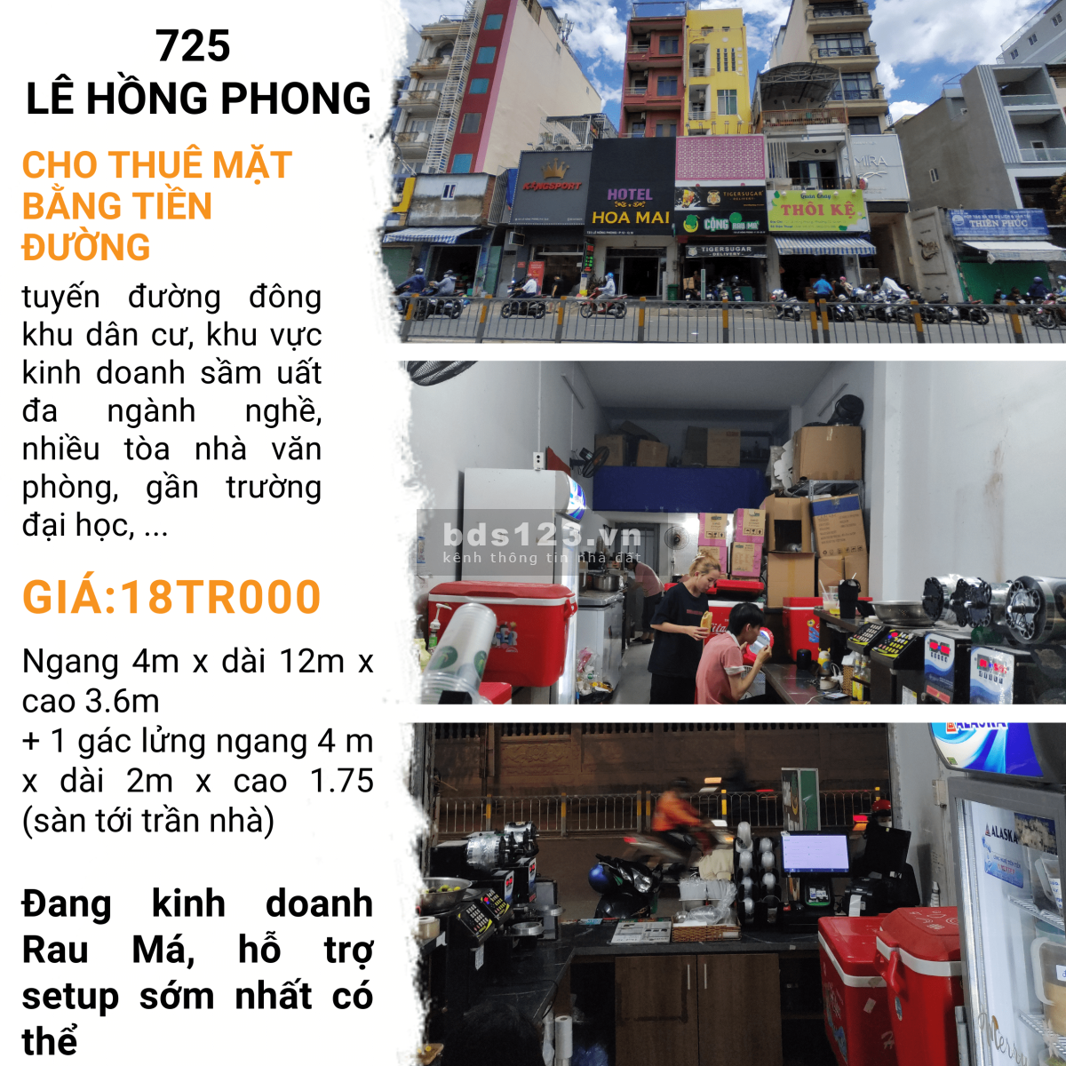 Cho thuê mặt bằng mặt tiền đường 725 Lê Hồng Phong Quận 10