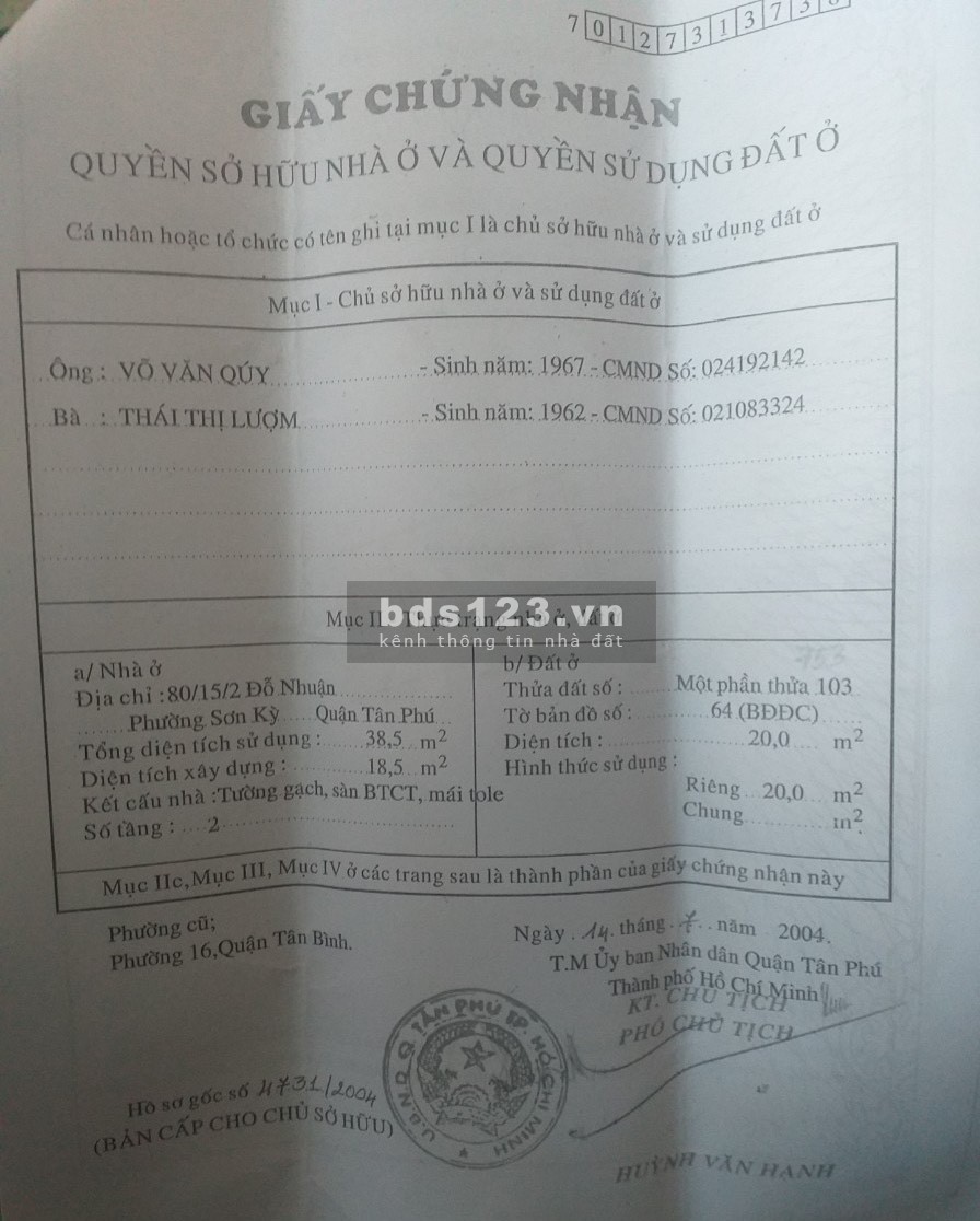 Bán nhà 1 lầu hẻm xe ba gác 2 sẹc đường Đỗ Nhuận, quận Tân Phú LH 0868943516