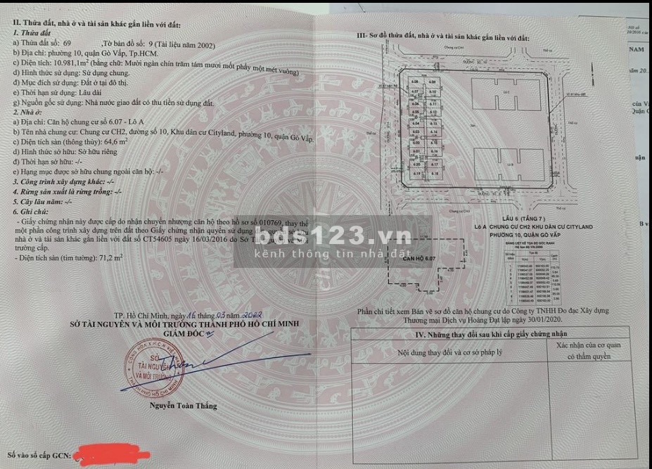 Bán căn hộ diện tích 72m2 tầng 6 C/C Cityland Park Hill Gò Vấp