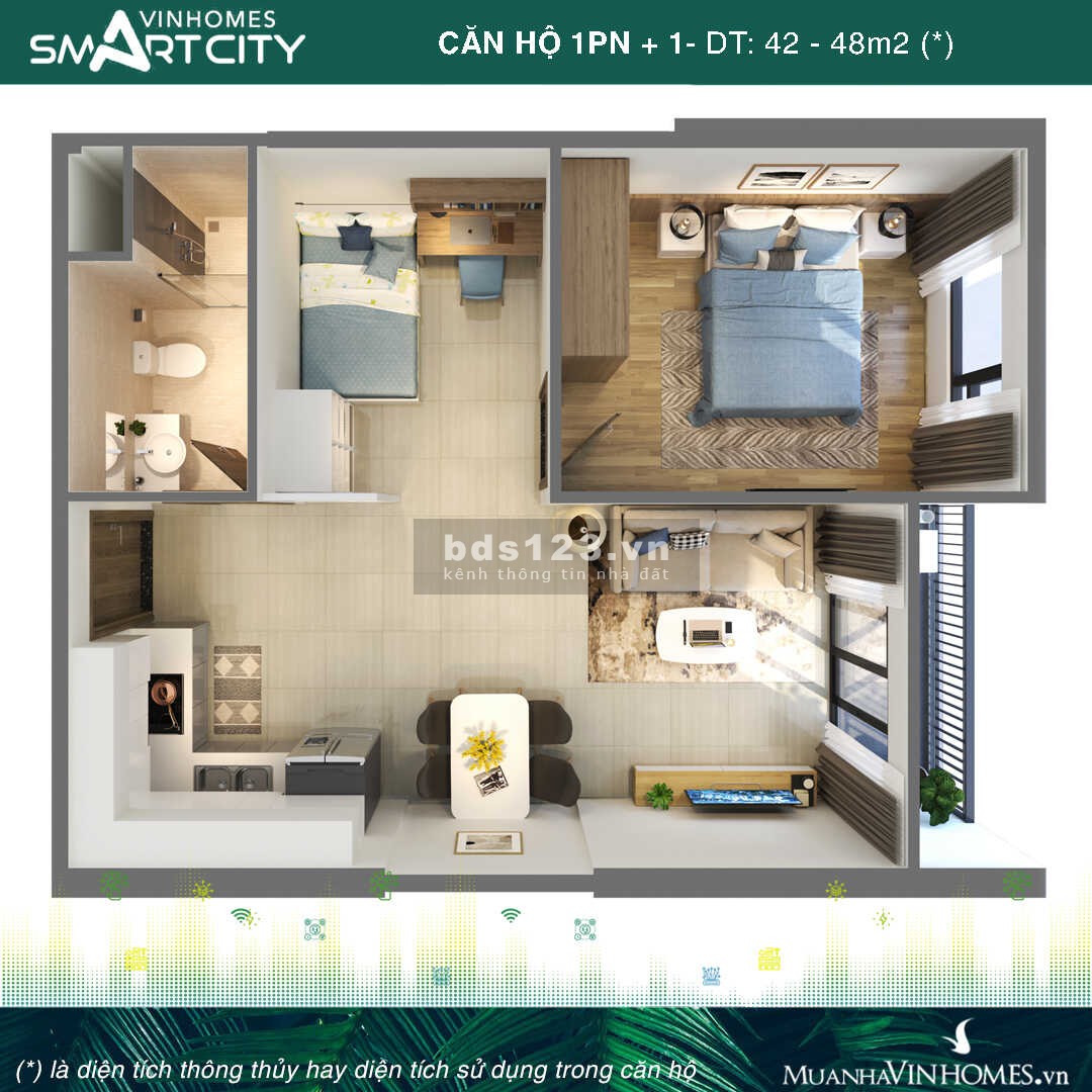 Duy nhất 1 căn 1PN+1 đa năng 43m2 giá rẻ 1.7 tỷ chung cư Vinhomes Smart City, ở ngay