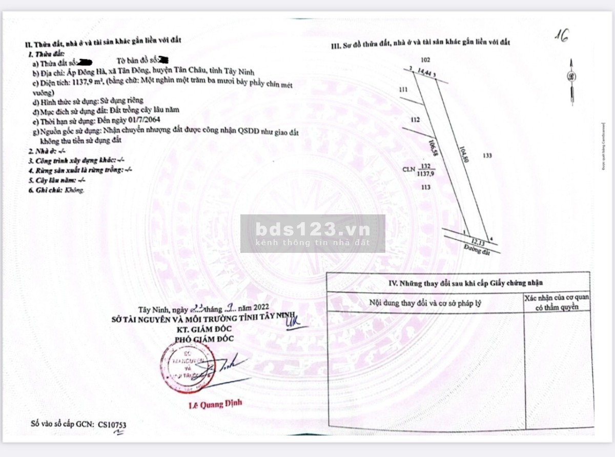 Cần ra lô đất 1137,9m2 ngang 12,13m X dài 106,58m