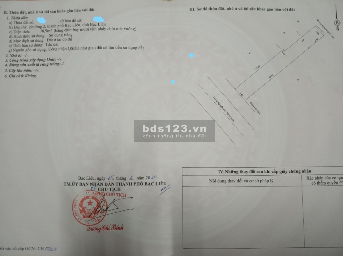 Chính chú bán đất đã có sổ hồng đường Nguyễn Văn Trỗi, Khóm 1, Phương 2, TP Bạc Liêu
