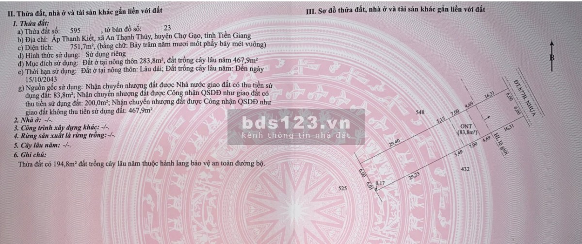 Cần bán gấp lô đất 751m2 đường TL877 Chợ Gạo, Tiền Giang