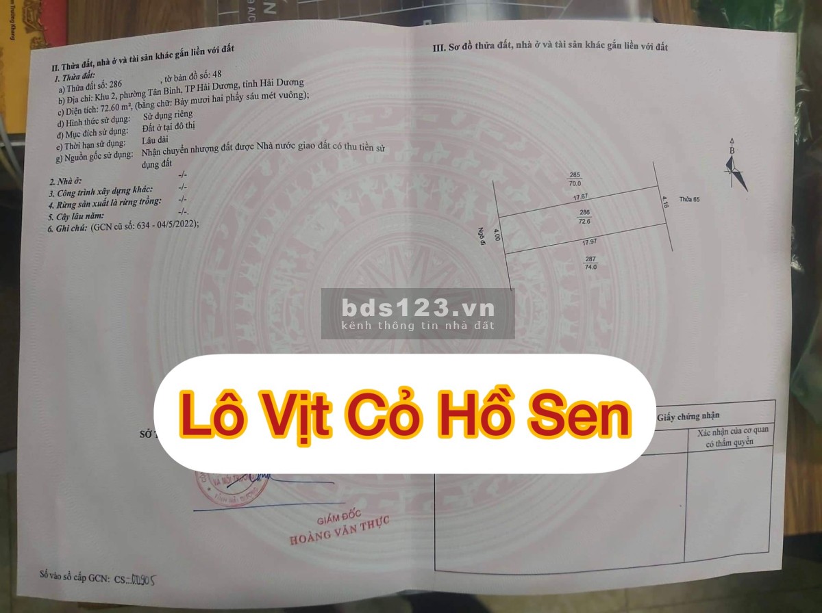 Cần bán lô đất khu Vịt Cỏ Hồ Sen, Tân Bình, Hải Dương liên hệ 0915153369