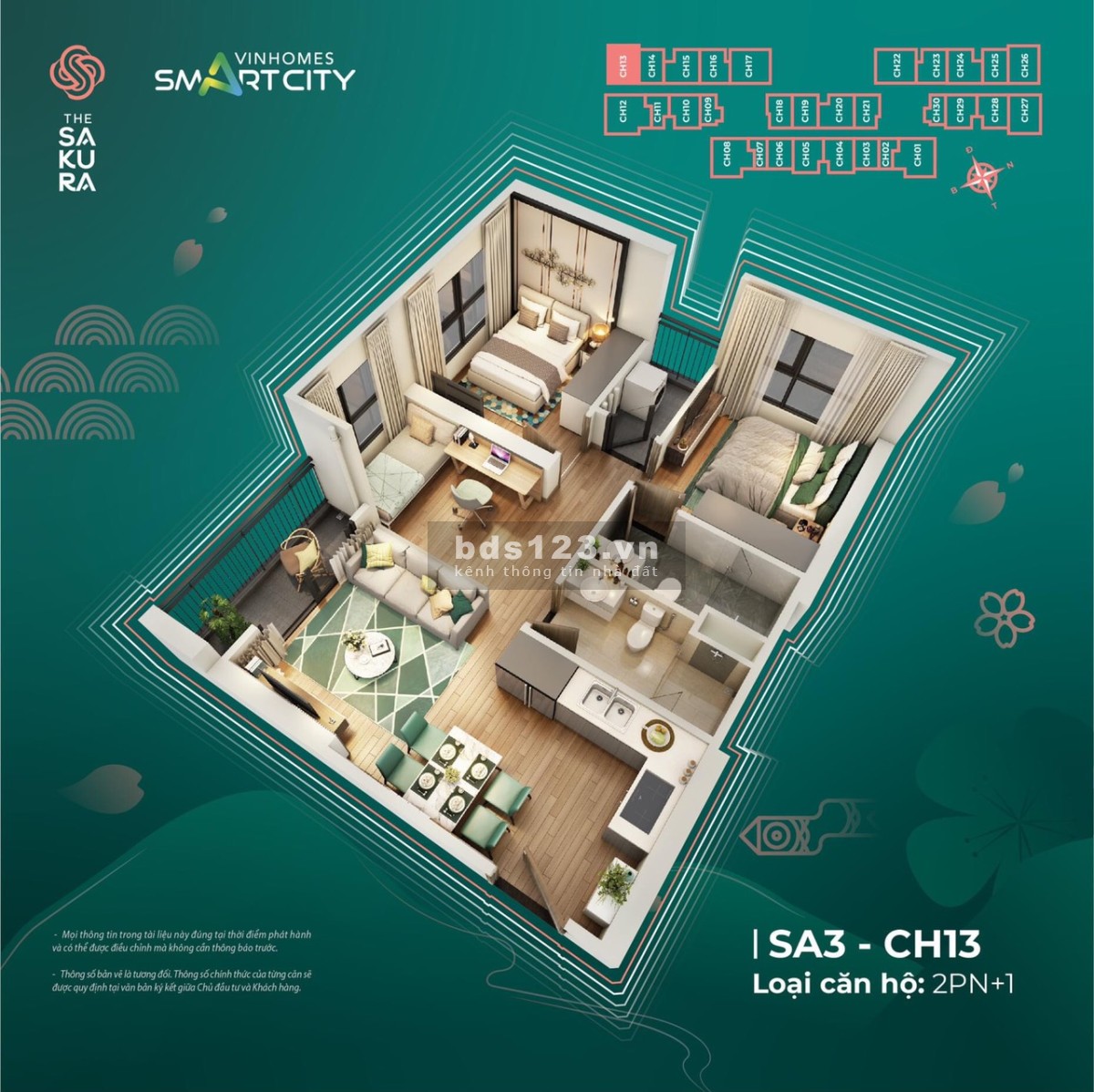 Bán căn hộ 2PN+1 tòa SA3 rộng 69.6m hướng ĐN đại đô thị Vinhomes Smart City giá 3 tỷ