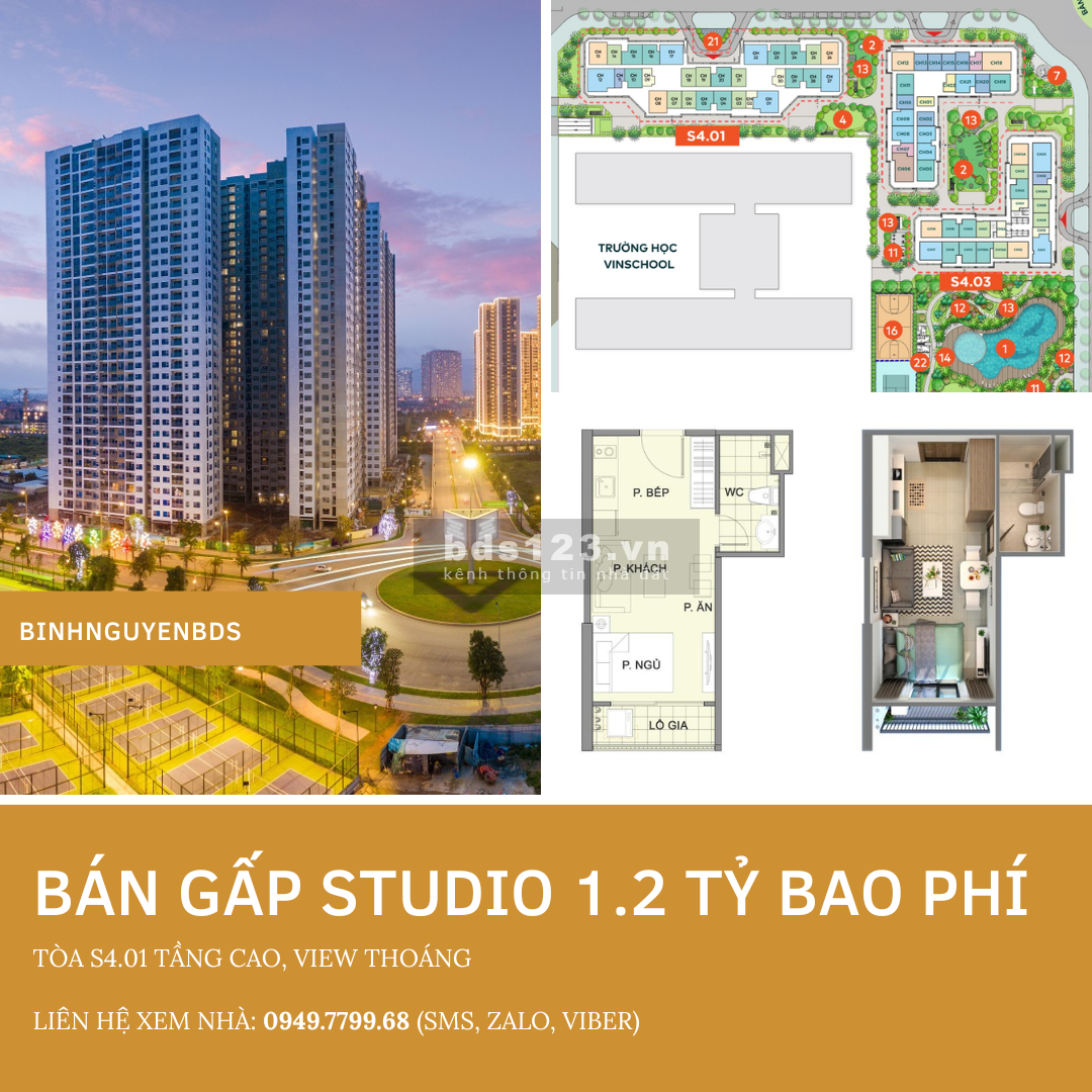 Chuyển nhượng gấp căn Studio tòa S4.01 Vinhomes Smart City, tầng cao, thoáng mát, 1.2 tỷ bao phí