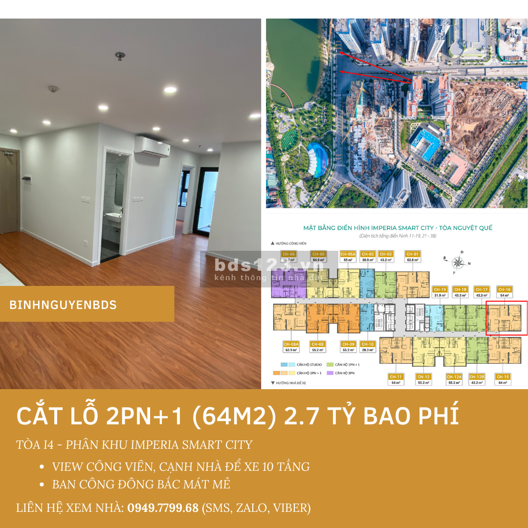 Cắt lỗ căn hộ 2PN+1+2WC (64m2) ban công Đông bắc, view hồ, 2.7 tỷ bao phí, nhà ở ngay