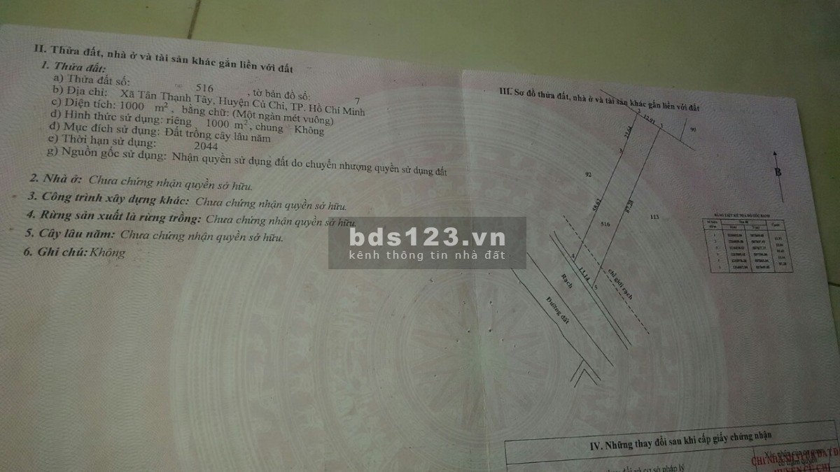 Bán gấp 1000m2 đất cây lâu năm, Hồ Thị Bưng, Tân Thạnh Tây, Củ Chi 1,05 tỷ thu về