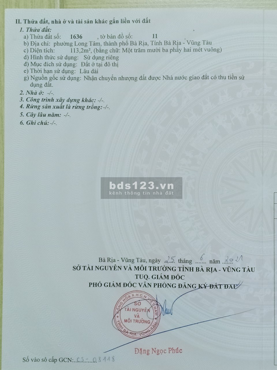 Chính chủ Cần bán lô đất khu tái định cư Bắc Hương Lộ 10 - TP Bà Rịa