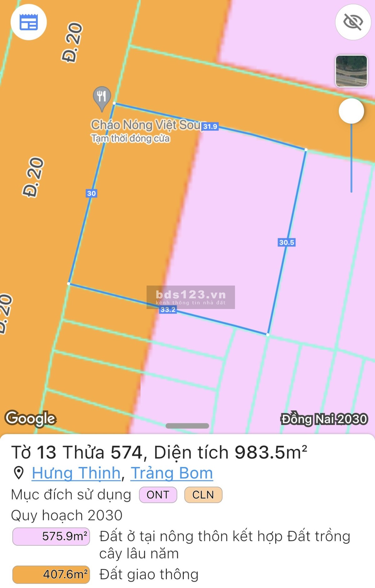 Đất MT đường 20 Hưng Thịnh Trảng Bom 990m2 giá 3.9 tỷ