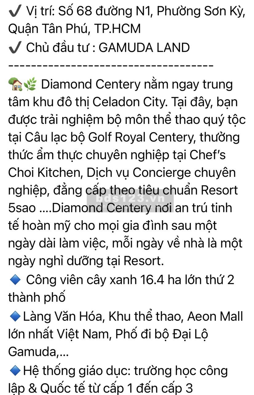 Bán căn hộ resort chính chủ chuẩn 5 SAO dự án Diamond Centery Celadon City