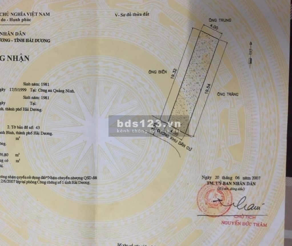 Chính chủ gửi bán lô đất vuông vắn đẹp phố Đặng Quốc Chinh - Tp Hải Dương .