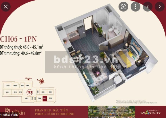 Bán căn hộ 1 PN, DT 45m² tòa TK2 sát nhà xe nổi Vinhomes Smart City giá 2,1 Tỷ