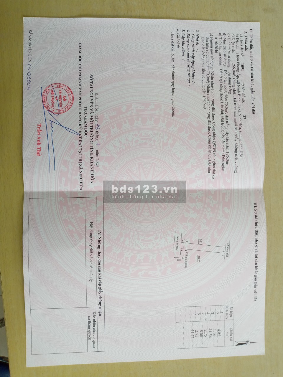 Bán đất thổ cư, có sổ hồng, ngay trung tâm thị xã Ninh Hoà giá chỉ 1,7 tỷ