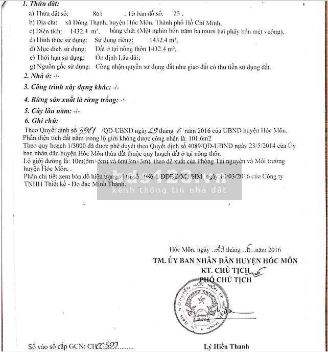 Chính chủ đất cần bán lô đất đẹp mặt tiền đường đặng thúc vịnh diện tích 2015m2