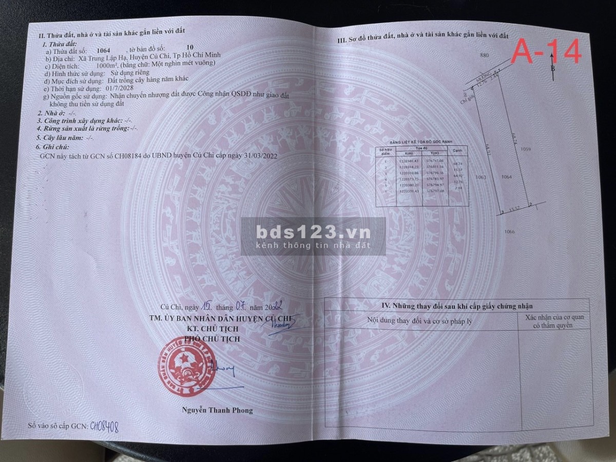 Bán đất vườn củ chi sốt Xã Trung Lập Hạ 1000m2 giá 1tỷ 5