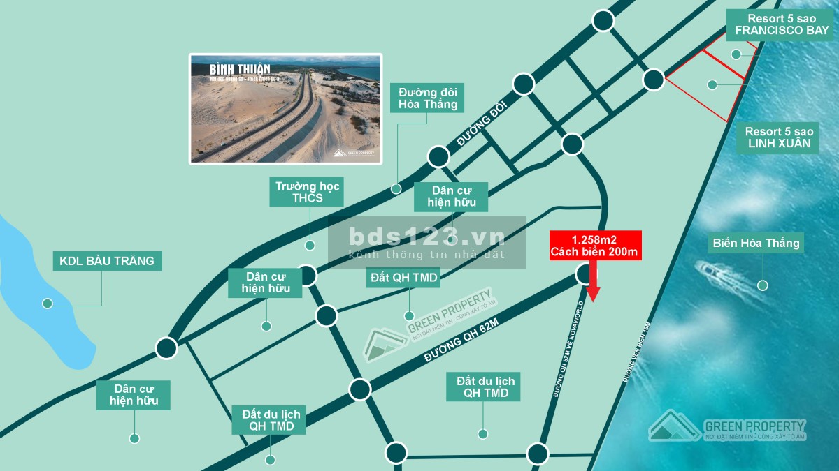 Bán đất sát biển du lịch Hòa Thắng, đường 52m, mặt tiền dài đẹp