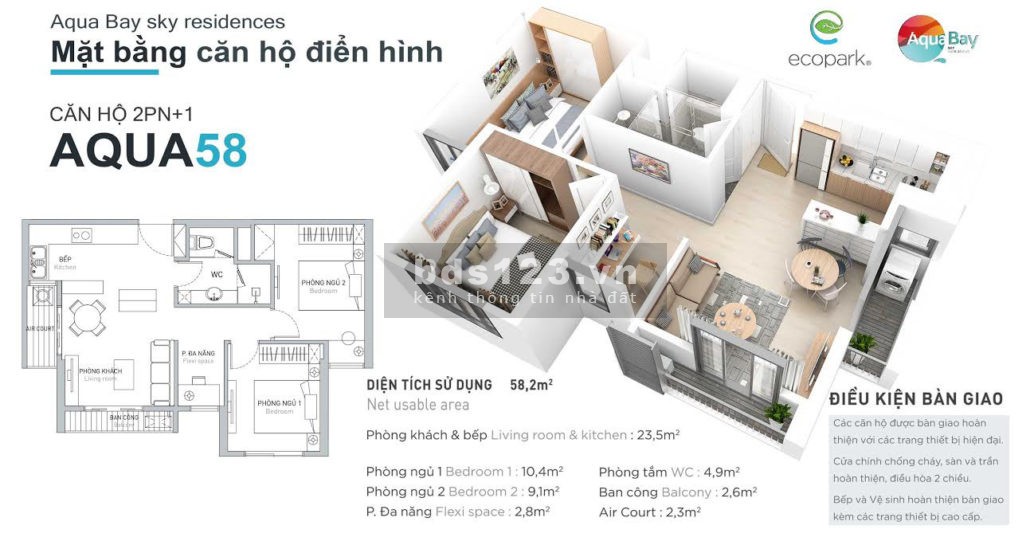 Bán căn hộ 2 ngủ, Tòa Lake - Chung cư Aquabay Ecopark - Giá 1 tỷ 6****
