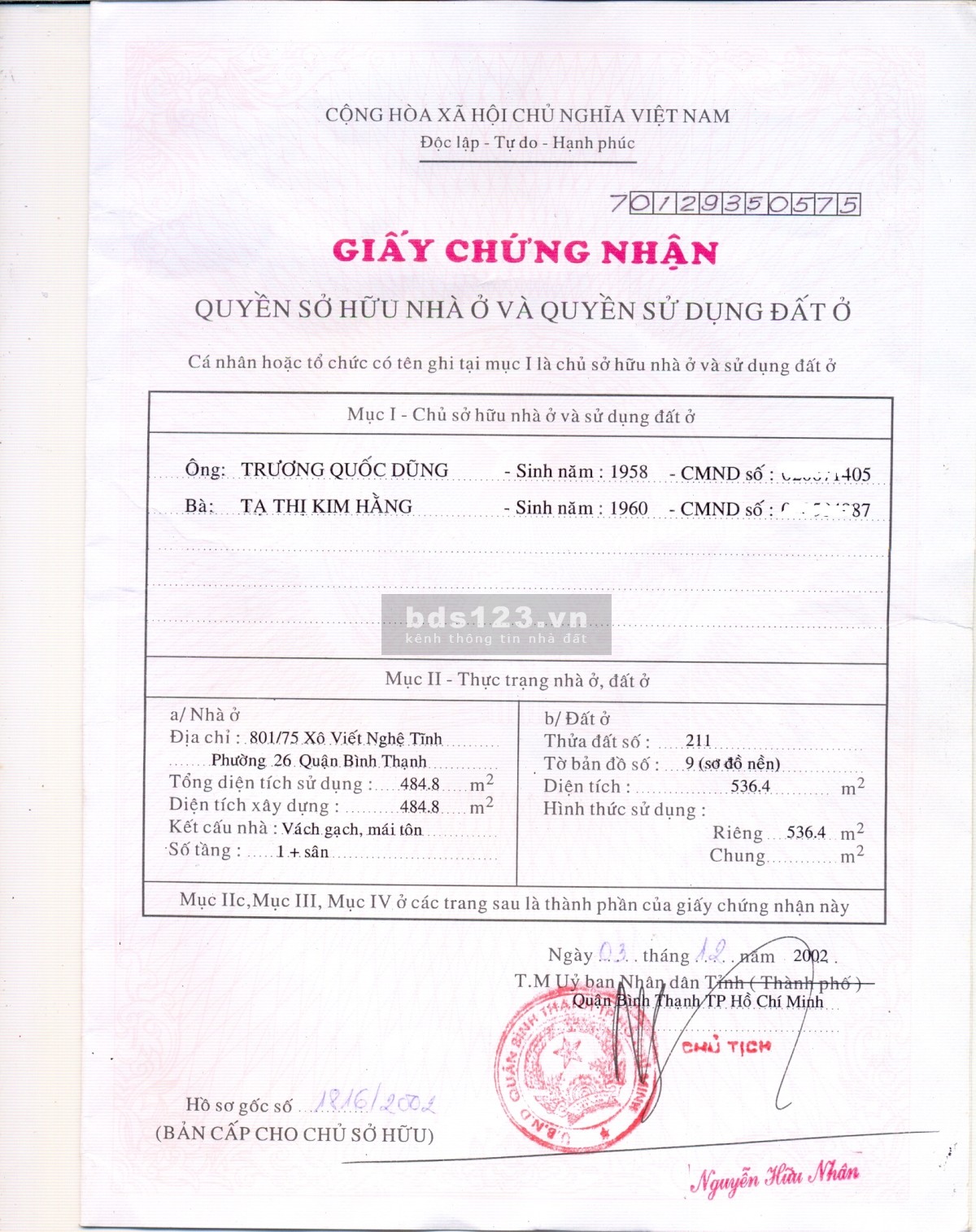 Nhà chính chủ số nhà 801/75 ( Mặt tiền đường còn gọi là đường Tầm Vu). Miễn trung gian