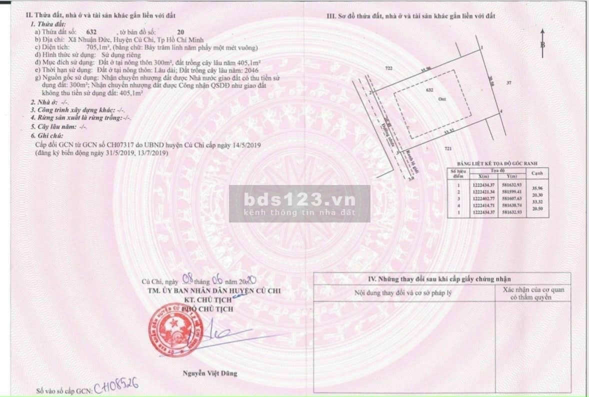 Đất Nhuận Đức huyện Củ Chi TP HCM DT 20m x 36m = 705m2 ( Có 300m TC )