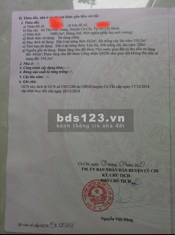 Xã Tân Phú Trung, Huyện Củ Chi - Chính chủ gửi bán lô đất mặt tiền đường 1000.5m, thổ cư 442m