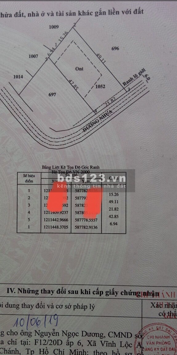 Xã Tân Phú Trung, Huyện Củ Chi - Chính chủ gửi bán lô đất mặt tiền đường 1000.5m, thổ cư 442m