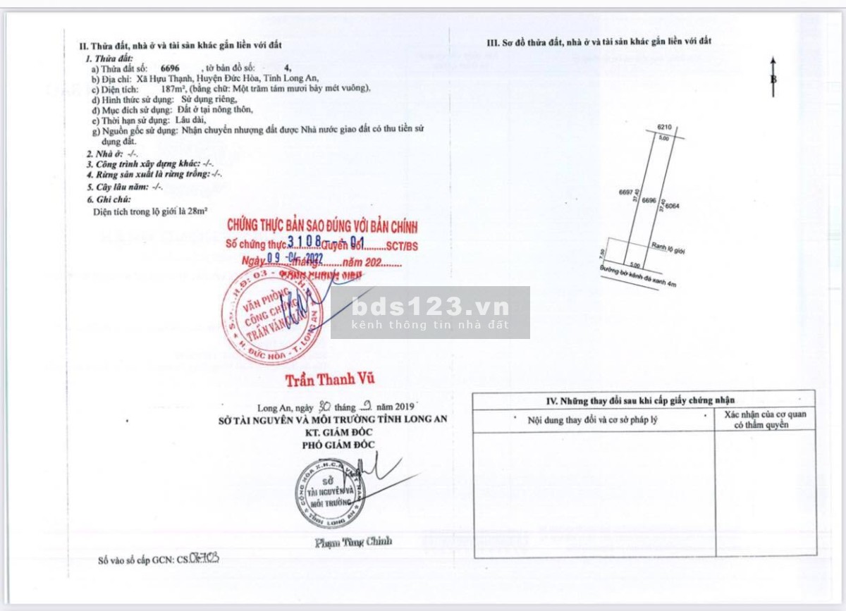 Đất SHR 185m2, ĐT 824, xã Hựu Thạnh, Đức Hoà, Long An