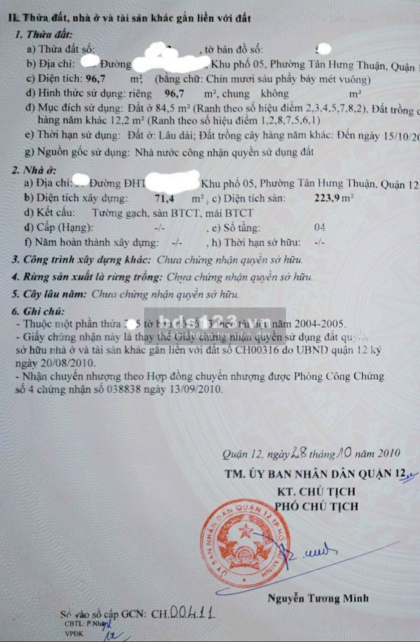 Bán nhà mặt tiền đường Tân Hưng Thuận, quận 12, Diện tích 96.7 m2