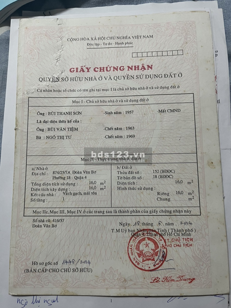 Bán nhà riêng nhỏ 1 lầu hẻm 874 Đoàn Văn Bơ Phường 18 Quận 4