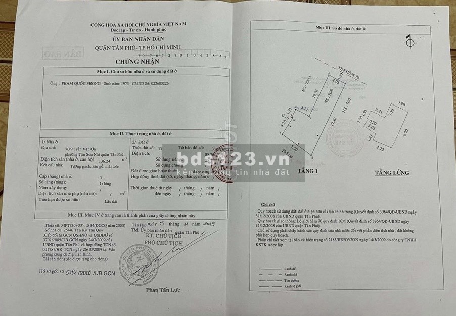 Bán nhà 1 trệt 1 lửng hẻm 70 Trần Văn Ơn P.Tân Sơn Nhì ,Tân Phú