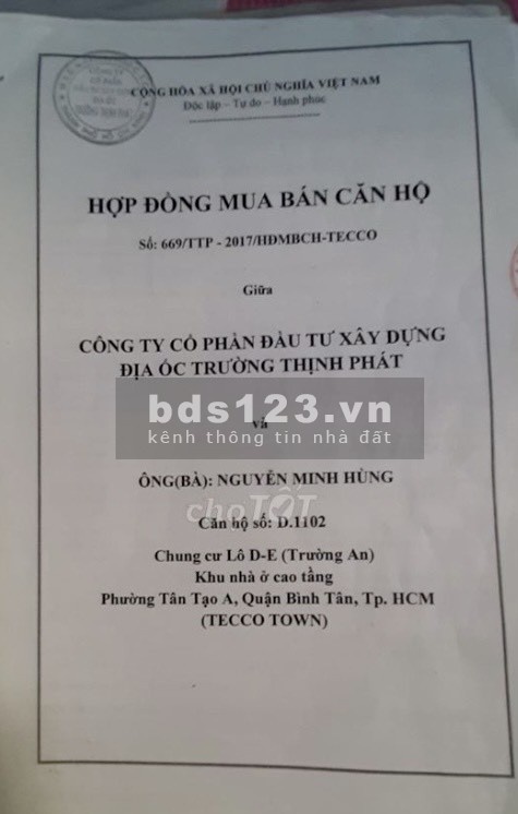 Bán căn hộ 92m2 căn góc tầng 11 C/C Tecco Town Bình Tân