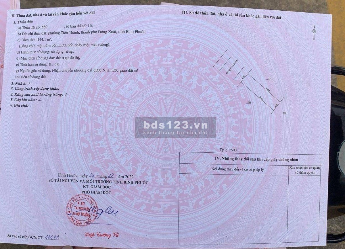 Bán đất 144m2 full thổ tại phường Tiến Thành, đường nhựa 17m, giá thấp hơn khu vực 15%