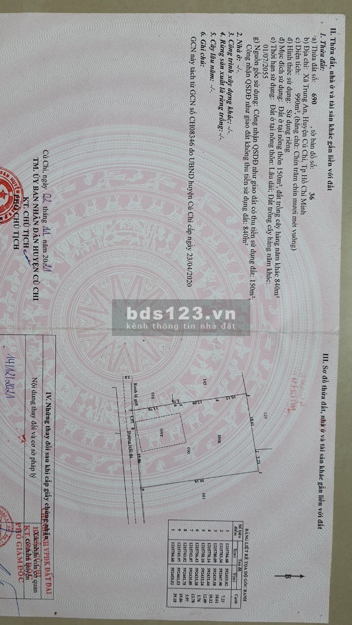 Bán Đất xã Trung An , Củ Chi DT 25m × 39m = 990m2 ( Có 150m TC )