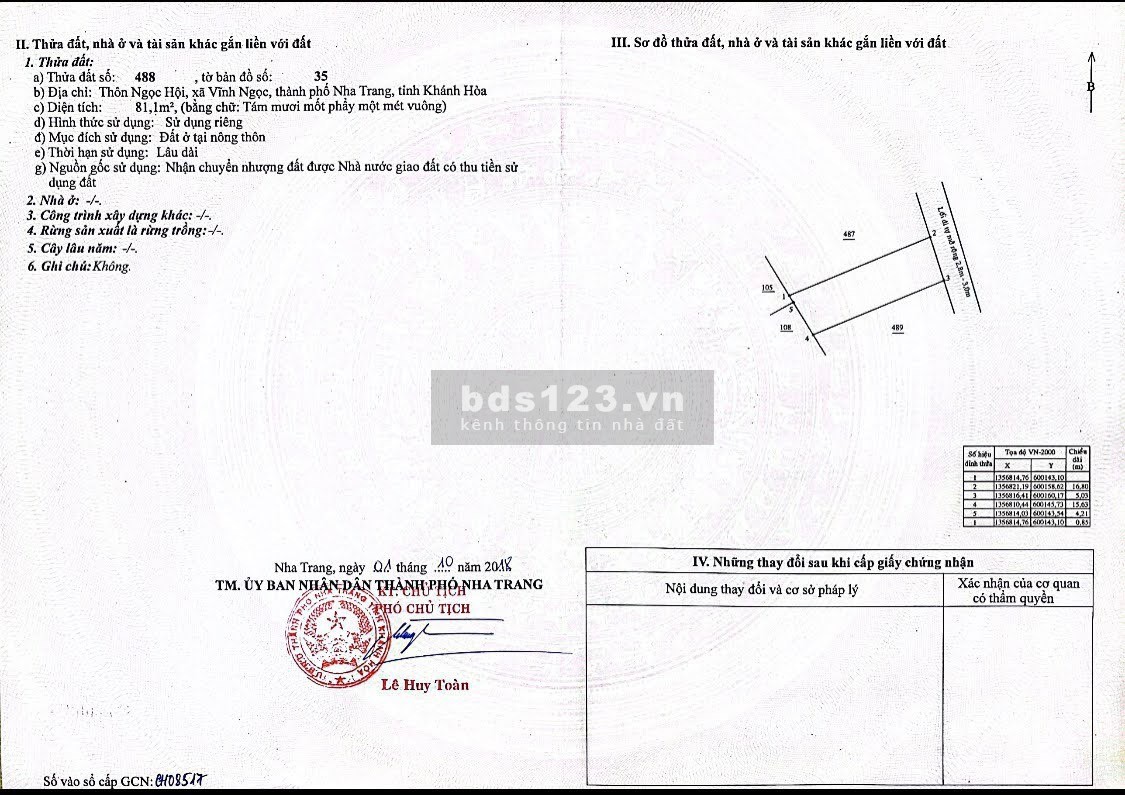 Bán lô đất hẻm Lương Định Của- Vĩnh Ngọc- Nha Trang. Giá 1 tỷ 250